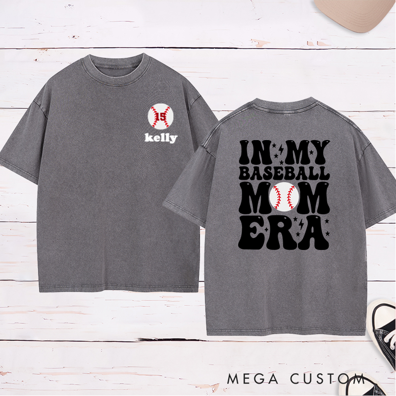 Personalized "In My Baseball Mom Era" Washed T-Shirt Custom Name & Number