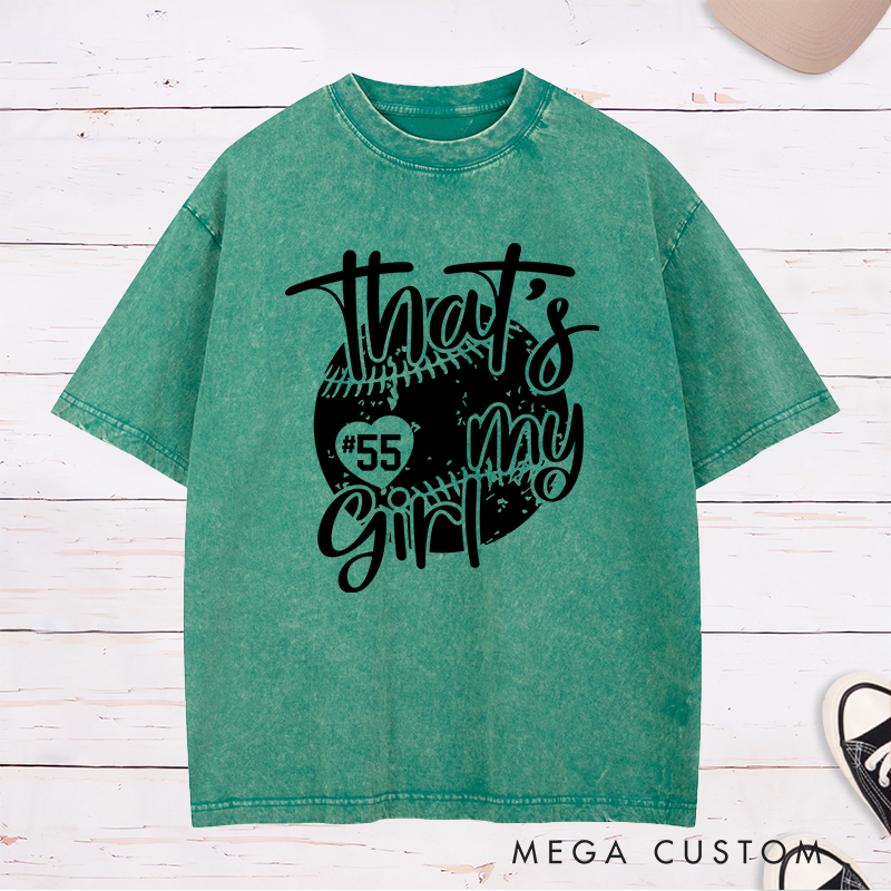 Personalized Softball Washed T-Shirt Design Featuring Customizable Player Number Heart-Shaped Accent Playful Handwritten Script Font and Distressed Softball Graphic for a Stylish and Sentimental Look