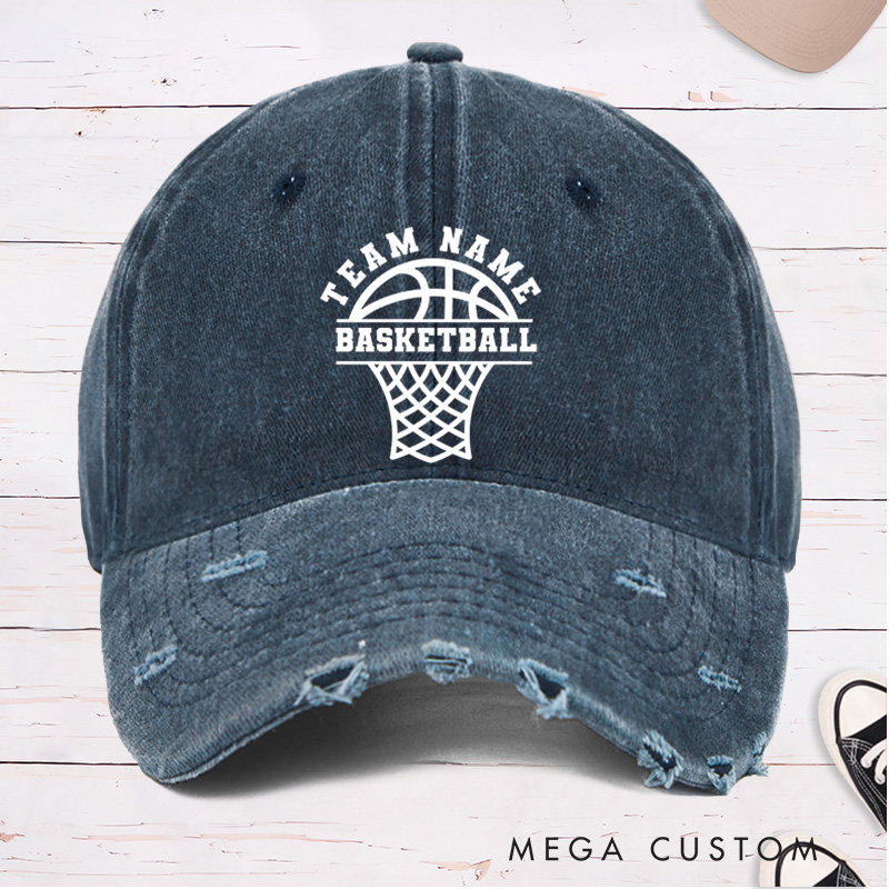 [Copy]Personalized Distressed Denim Basketball Cap with Custom Team Name Mascot and Heart Basketball Graphic Design