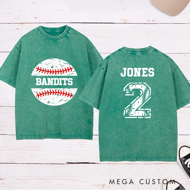 Personalized Baseball Team Washed T-Shirt with Vintage Baseball Design and Custom Name and Number