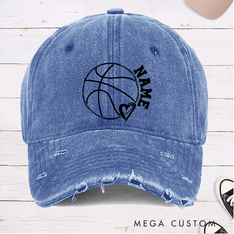 Personalized Distressed Denim Basketball Cap with Custom Name Heart and Basketball Graphic Design