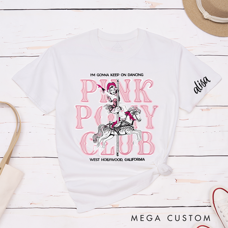 Personalized Classic T-Shirts Retro Pink Pony Club T-Shirt Vintage Western Cowgirl on Carousel Horse Fun Graphic Tee