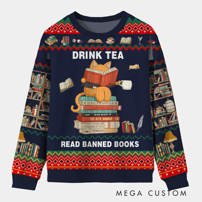Personalized Rebel Reader Tea Time Ugly Sweater Holiday Gift for Librarians