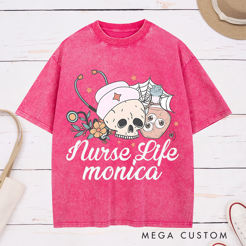 Personalized Nurse Washed T-Shirt Customized Nurse Life Design Washed T-Shirt 