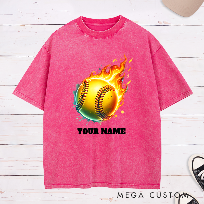 Personalized Fiery Softball Washed T-Shirt Design Customizable Name Featuring a Dynamic Flaming Softball Graphic Perfect for Teams and Players