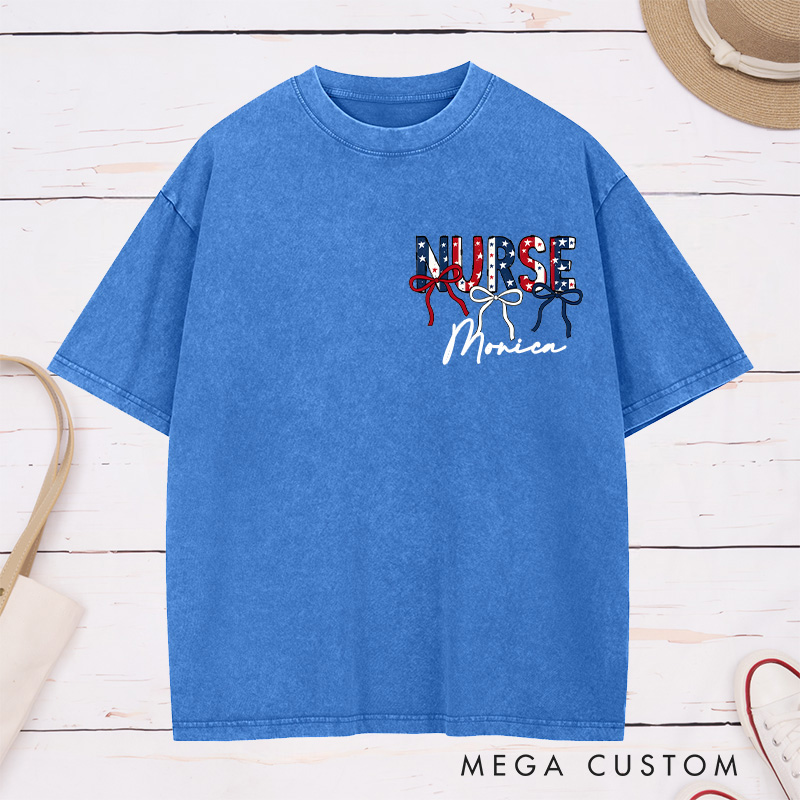 Personalized Nurse Washed T-Shirt Customized Patriotic Nurse Design Washed T-Shirt 