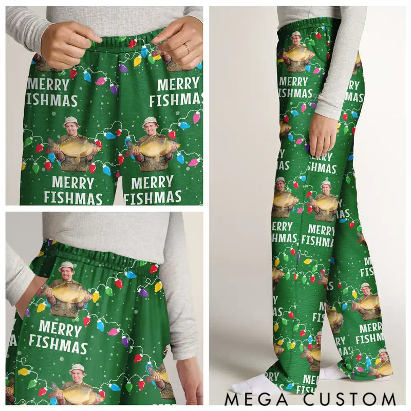 Personalized Merry Fishmas Pajama Pants Fishing Themed Christmas Pajama Pants Custom Photo Merry Fishmas Funny Holiday Gift for Fishermen