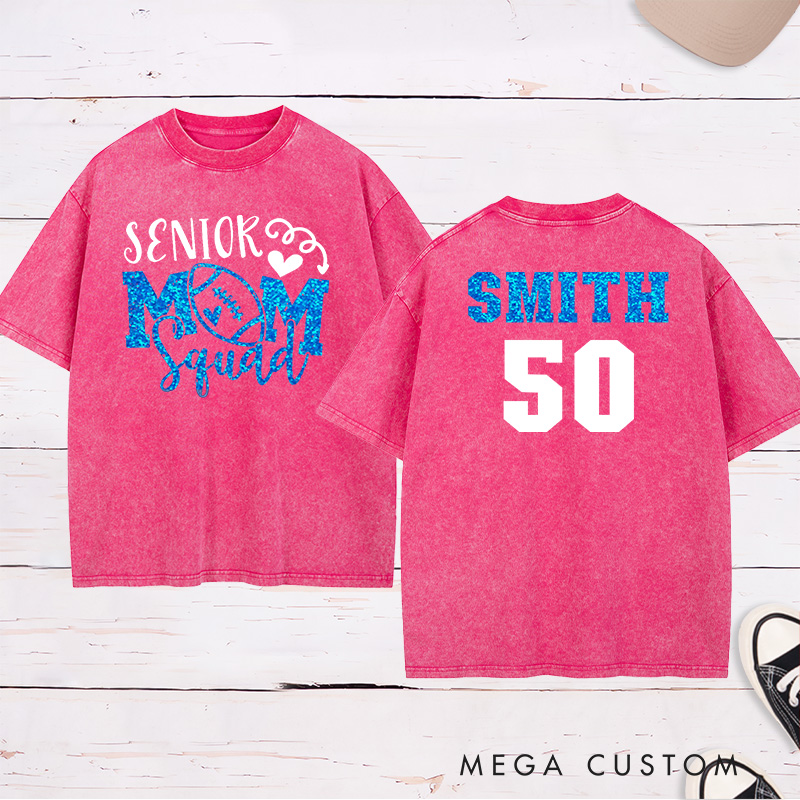 Personalized American Football and Rugby Glitter Senior Washed Mom T-Shirts with Custom Name and Number