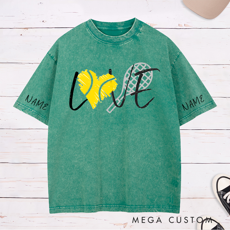 Personalized Tennis Love Washed T-Shirt with Heart and Racket Design and Custom Name