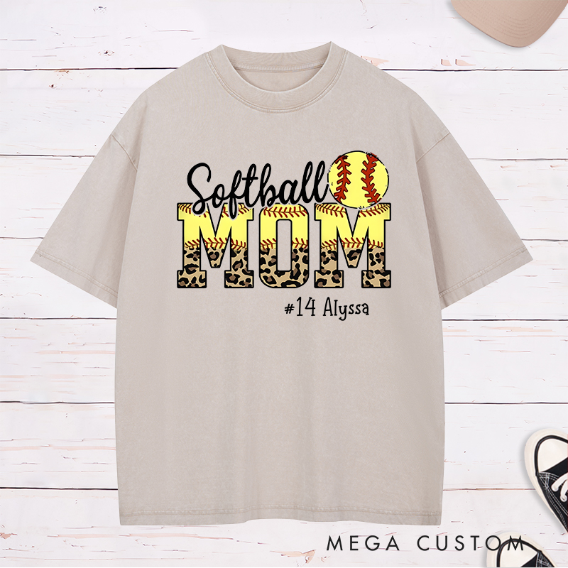 Personalized Softball Mom Washed T-Shirt Design Featuring Leopard Print Bold Text Softball Graphic and Custom Player Name and Number