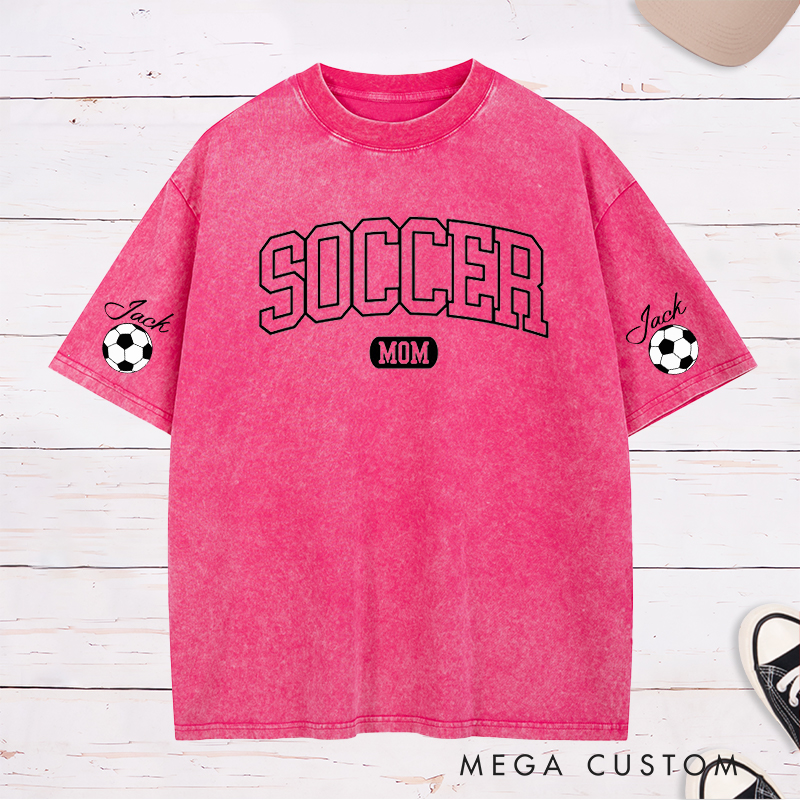 Personalized Soccer Mom Washed T-Shirt with Custom Sleeve Name Design