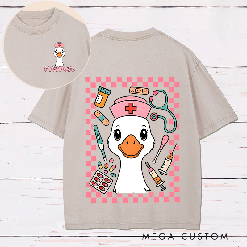 Personalized Two Sides Printed Washed T-Shirt Customized Nurse Goose Fun Design Washed T-Shirt 