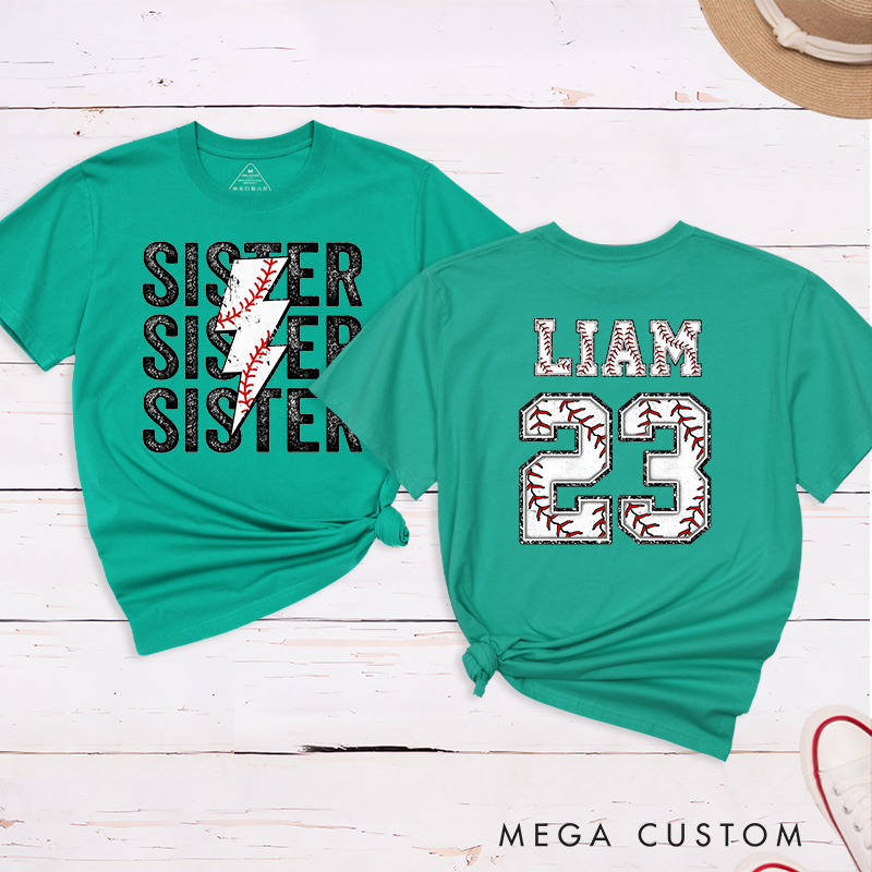Personalized Baseball Sister T-Shirt with Lightning Stitch Design and Custom Name and Number