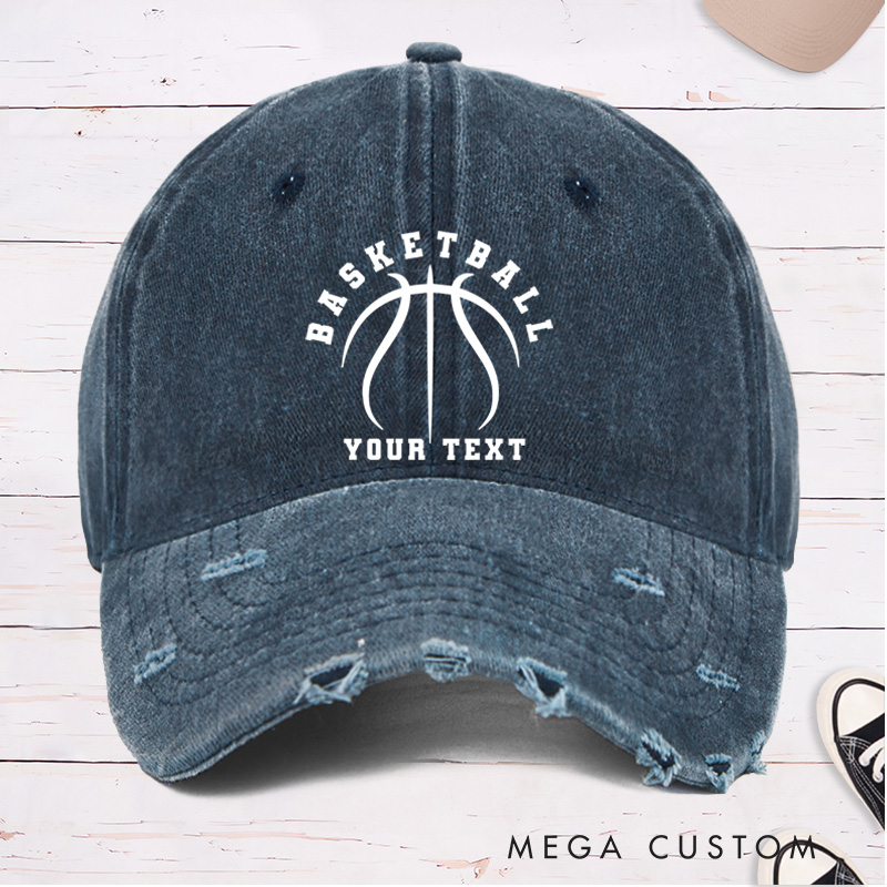 Personalized Distressed Denim Basketball Cap with Custom Text and Basketball Graphic Design
