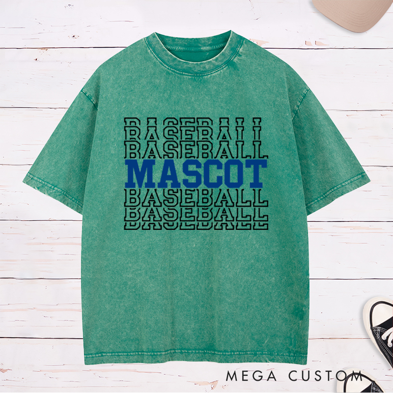 Personalized Baseball Washed T-Shirt Featuring Team Name and Repeating Text Pattern