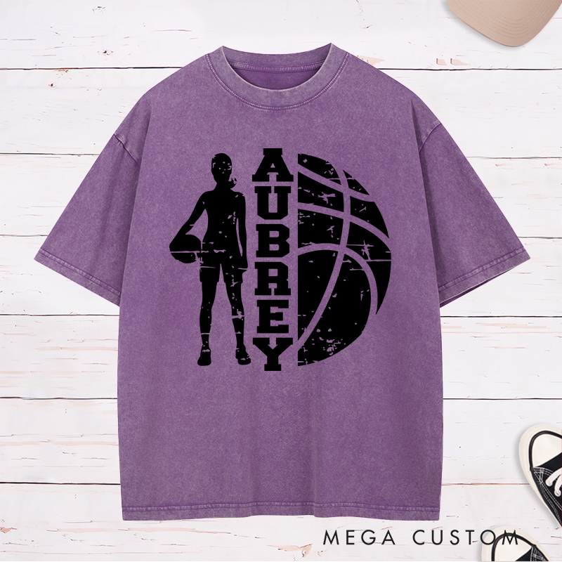 Personalized Washed T-Shirt Design Featuring a Bold Basketball Player Silhouette with Customizable Vertical Name and Distressed Graphic Style
