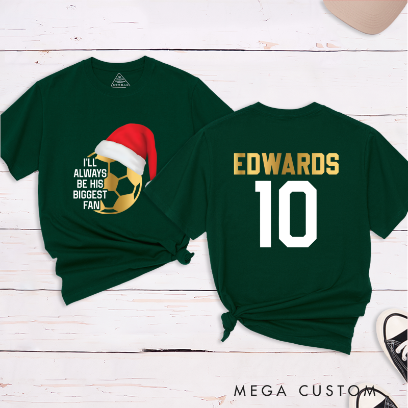 Personalized Christmas Soccer Fan T-Shirt with Custom Name and Number Design