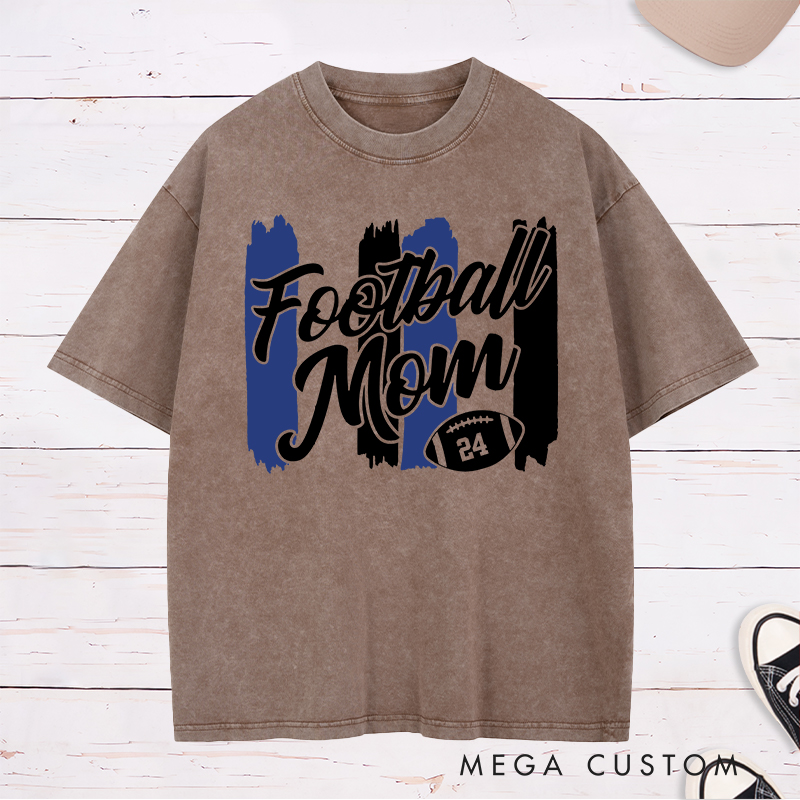 Personalized American Football Mom Washed T-Shirts Featuring Custom Number on the Front