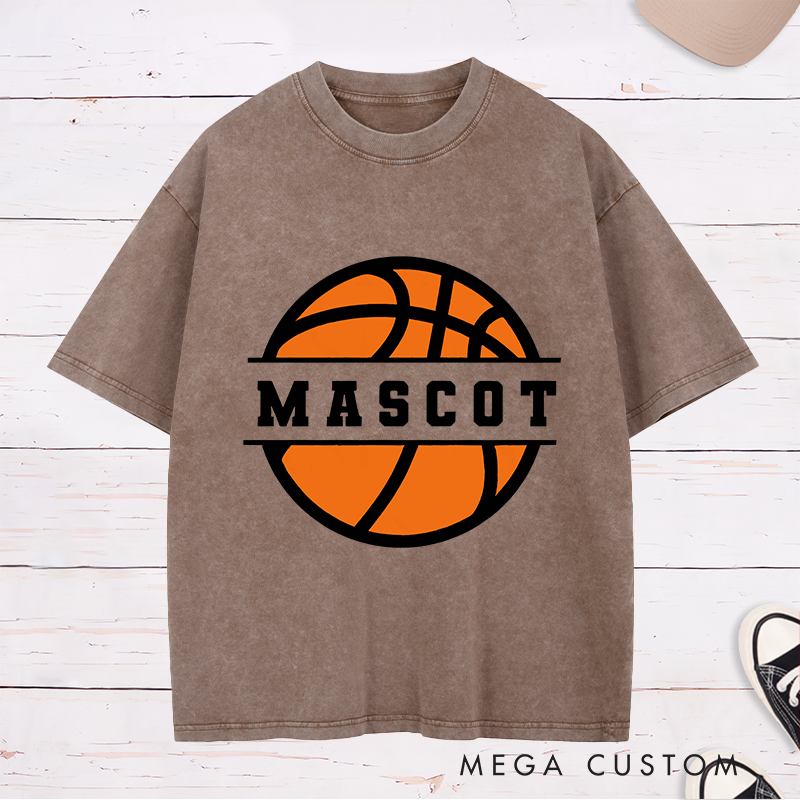 Personalized Washed T-Shirt Design Featuring Bold Basketball Graphic with Customizable Team Name in Center Band