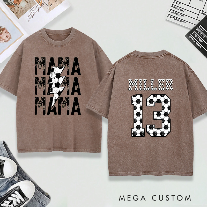 Personalized Washed T-Shirt "Mama" Soccer with Custom Name and Number Design