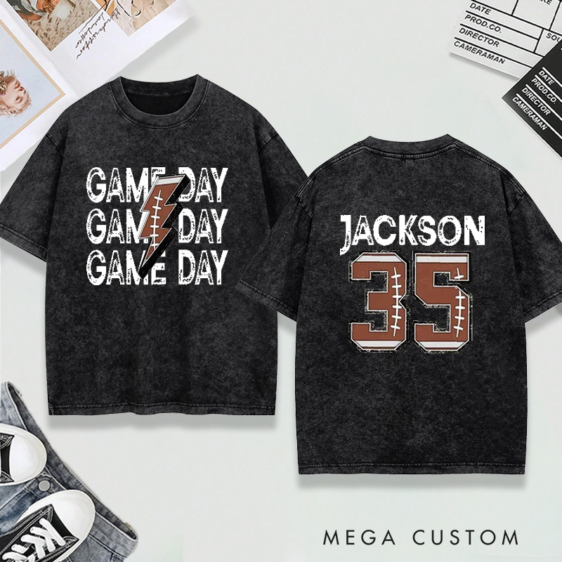 Personalized Washed T-Shirt Game Day Football with Custom Name and Number Design