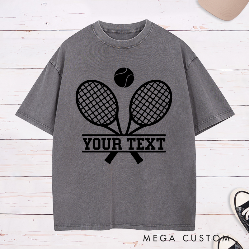 Personalized Tennis Washed T-Shirt with Crossed Rackets Design and Custom Text