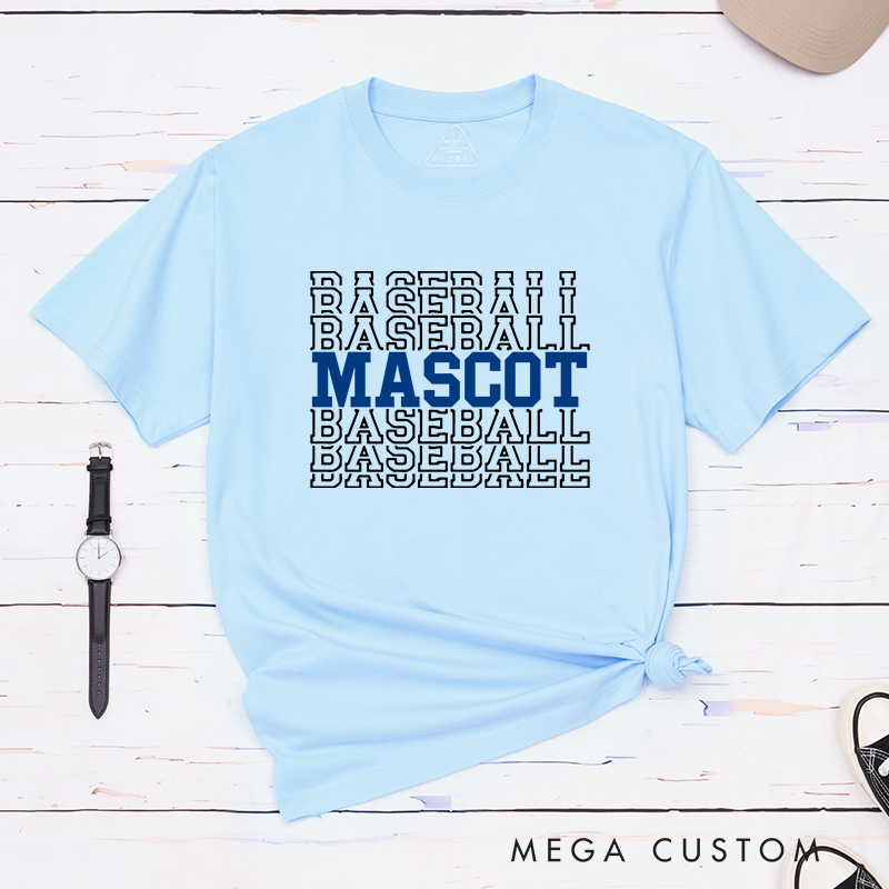 Personalized Baseball T-Shirt Featuring Team Name and Repeating Text Pattern