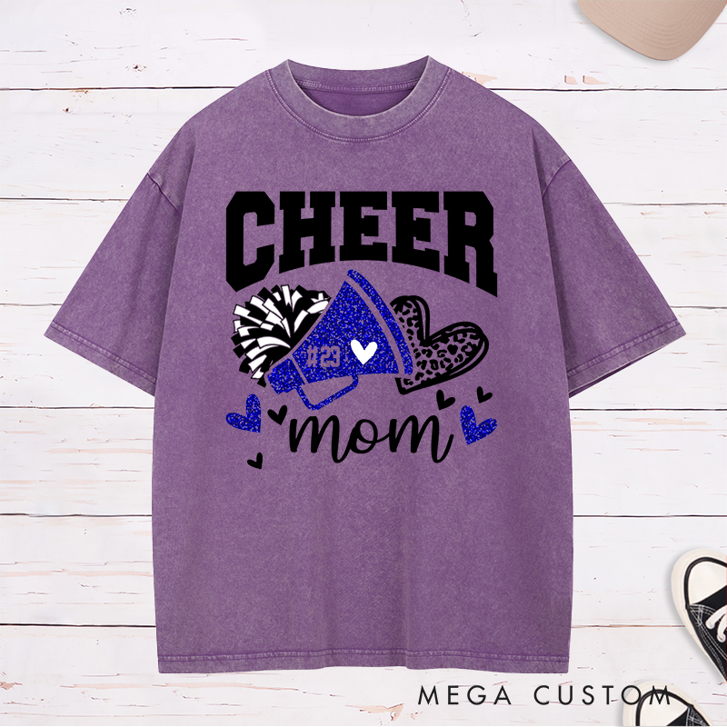 Personalized Cheer Mom Washed T-Shirts Featuring Custom Name - Leopard Glitter Print Heart T-Shirt