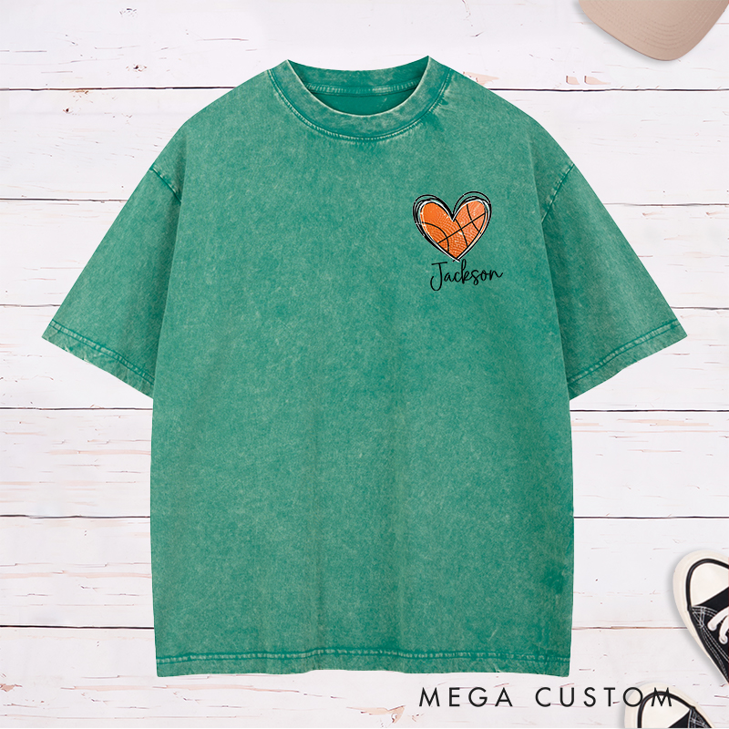 Personalized Washed T-Shirt Design Featuring Heart-Shaped Basketball Graphic with Custom Name for a Sporty and Stylish Look
