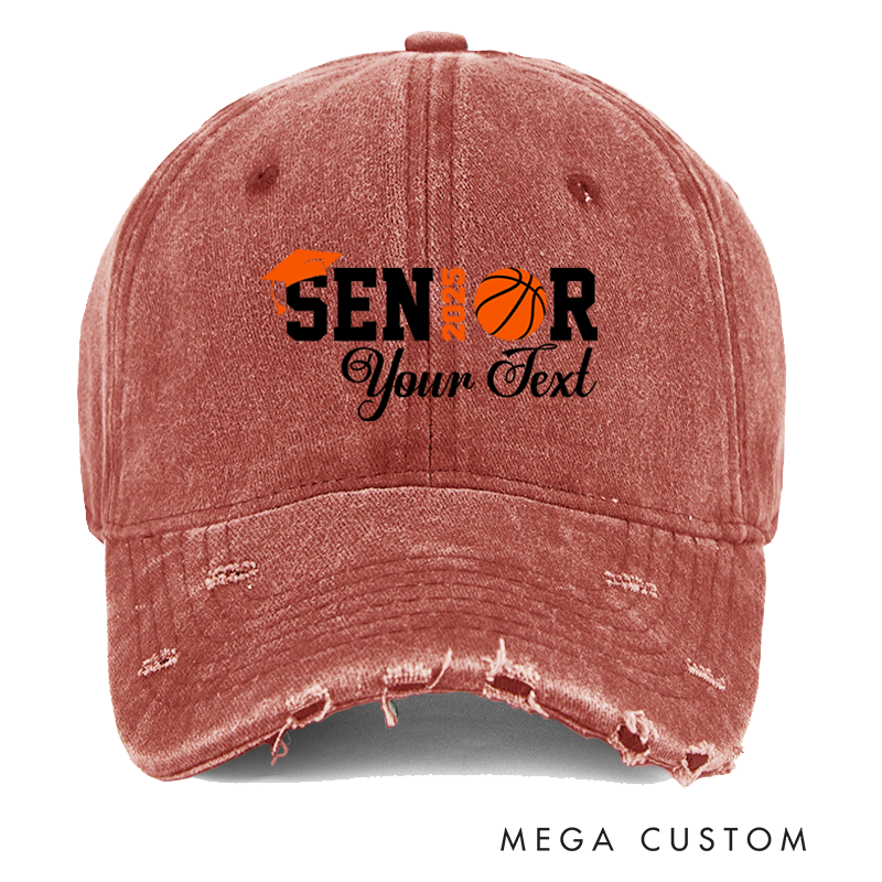 Personalized Distressed Denim Baseball Cap with Senior 2025 Graduation and Basketball Design