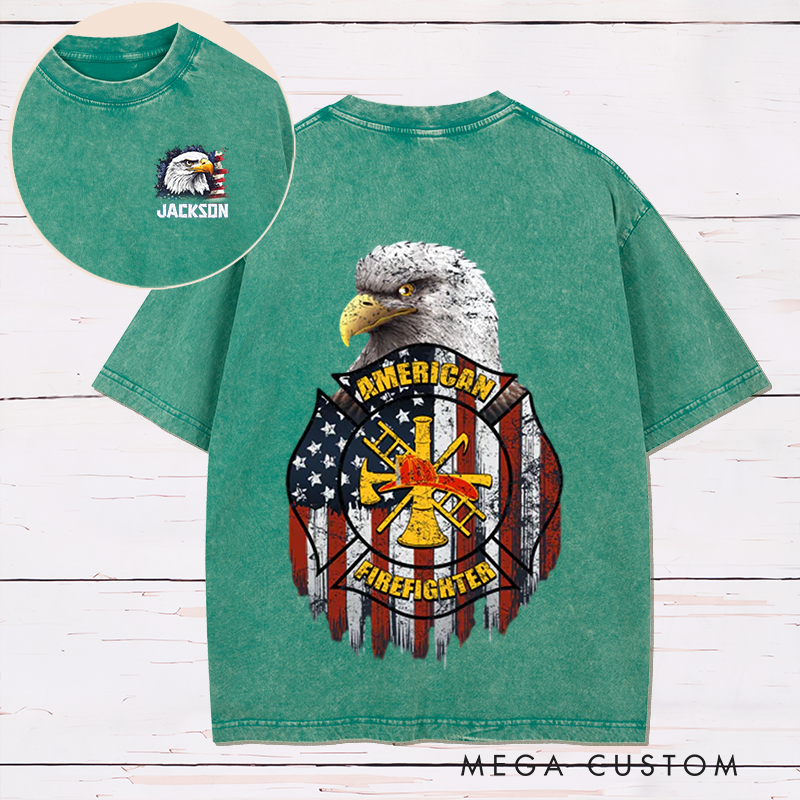 Personalized Firefighter Washed T-Shirt American Firefighter Bald Eagle and Flag Patriotic Design Unique Gift for Firefighters