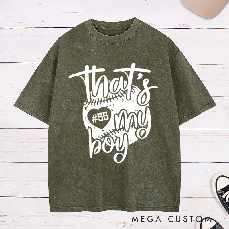 Personalized "That's My Boy" Baseball Mom Washed T-Shirt with Custom Number