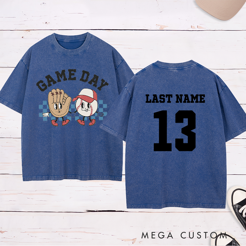 Personalized Cartoon Baseball Washed T-Shirt with Custom Name and Number   