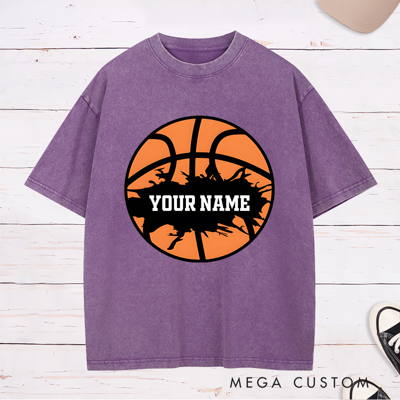 Personalized Washed T-Shirt Design Featuring a Bold Basketball Graphic with Splatter Effect and Customizable Name