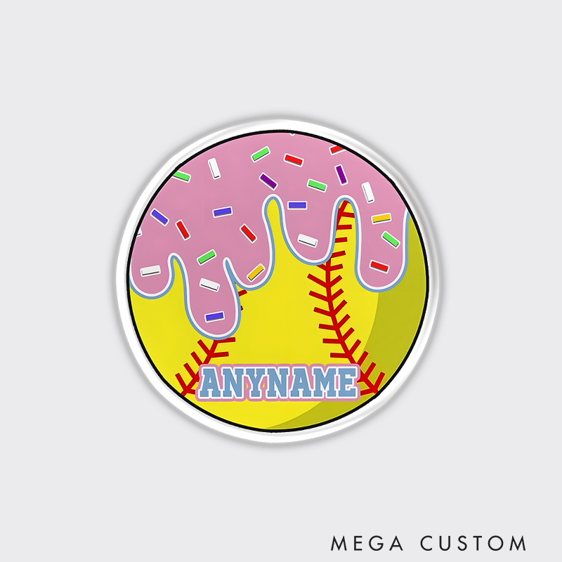Personalized Softball Refrigerator Magnet with Custom Name Pink Dripping Icing and Sprinkles Design