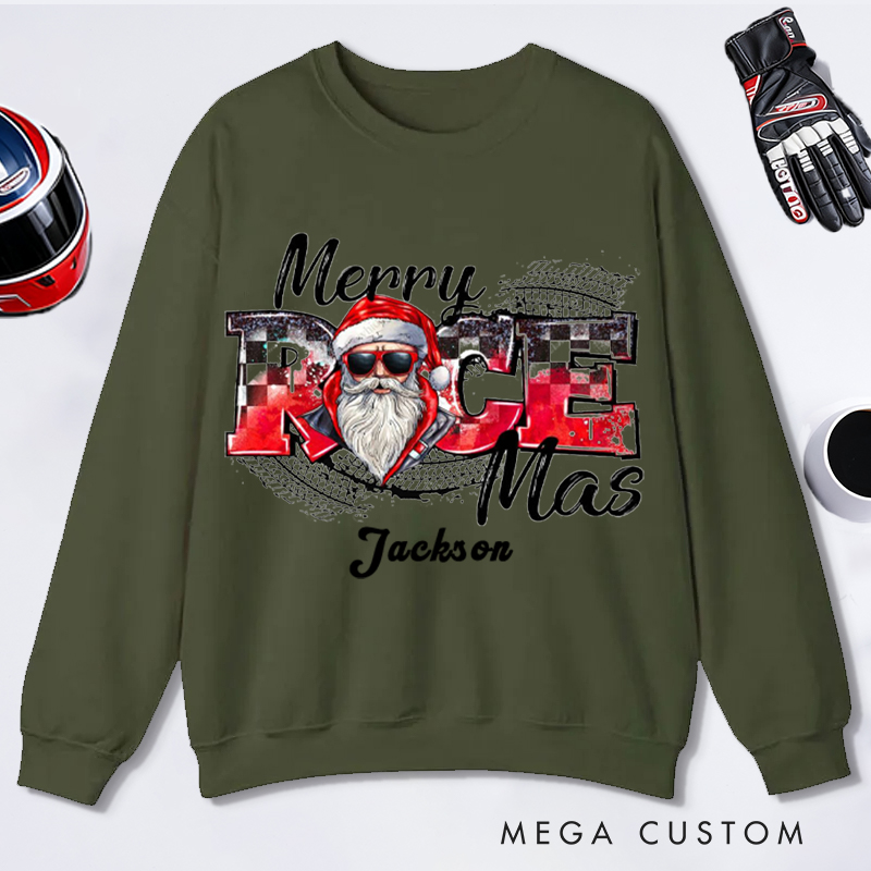 Personalized Merry Race Mas Sweatshirt Custom Name Racing Santa Christmas Pullover Gift for Racers and Racing Lovers