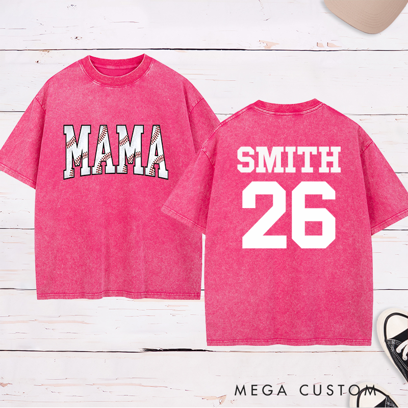 Personalized Vintage-Style "Mama" Baseball Washed T-Shirt with Custom Name and Number