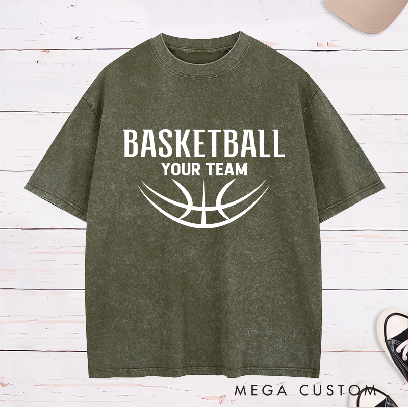 Personalized Washed T-Shirt Design Featuring a Minimalist Basketball Graphic with Customizable Team Name