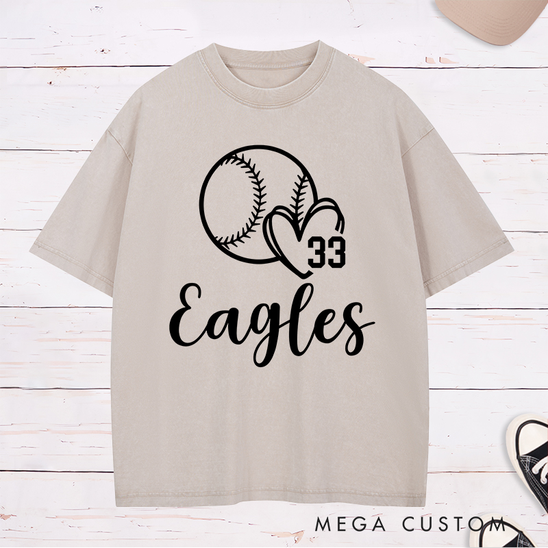 Personalized Softball Team Washed T-Shirt Design Featuring Customizable Team Name Heart and Player Number with Softball Graphic