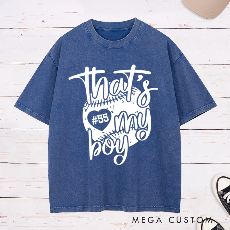 Personalized "That's My Boy" Baseball Mom Washed T-Shirt with Custom Number