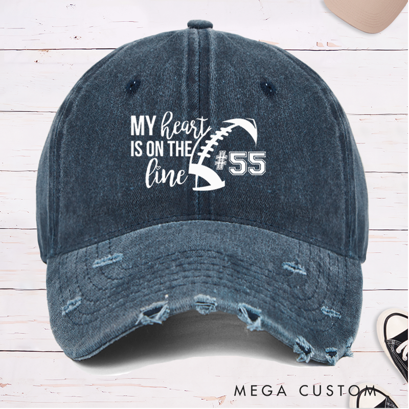 Personalized American Football Cap for "My Heart is on the Line" with Custom Jersey Number