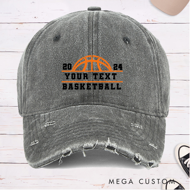 Personalized Distressed Denim Basketball Cap with Custom Year Team Name and Basketball Graphic Design