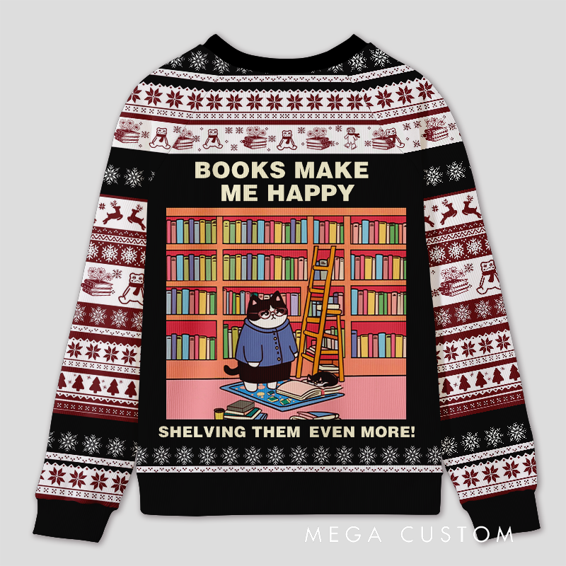 Personalized Hilarious Cat Rearranging Bookshelves Ugly Sweater Holiday Gift for Cat-Loving Book Loves