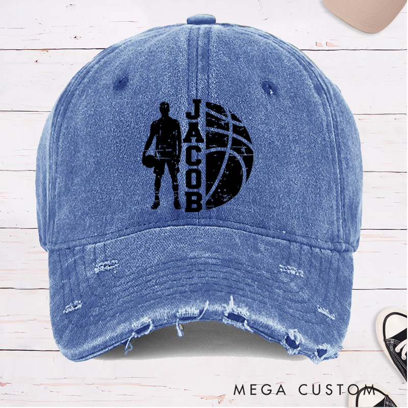 Personalized Distressed Denim Basketball Cap with Custom Name Player Silhouette and Bold Graphic Design
