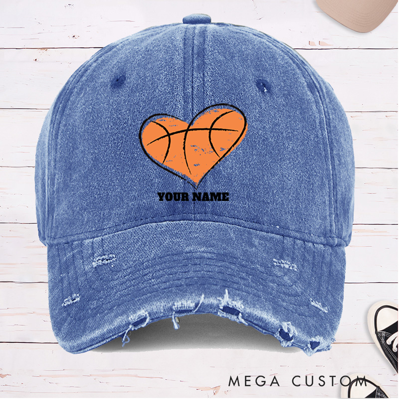 [Copy]Personalized Distressed Denim Basketball Cap with Vertical Team Name and Player Silhouette Design