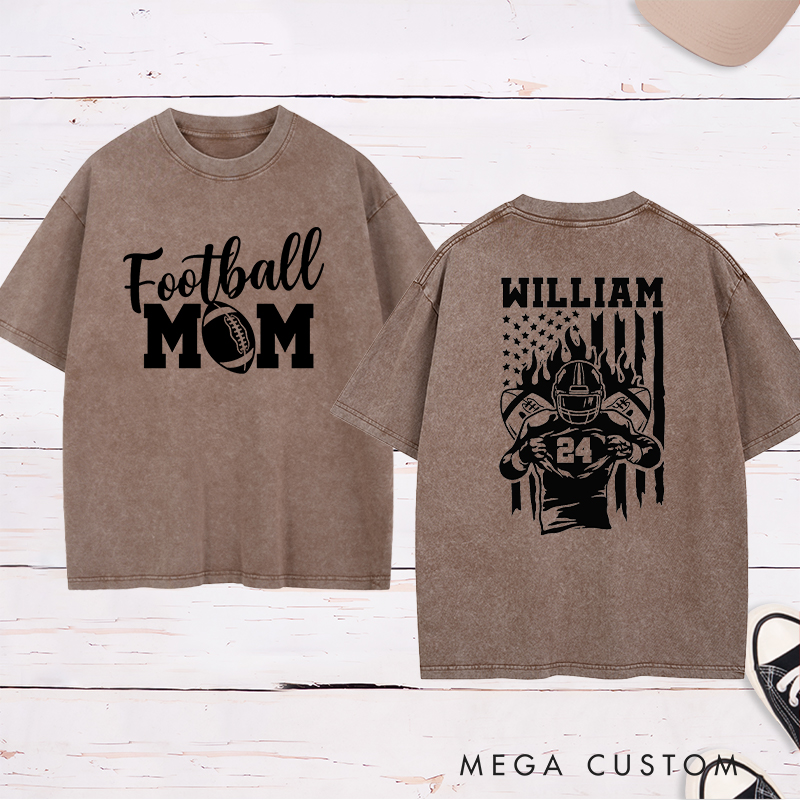Personalized American Football Mom Washed T-Shirts Featuring Custom Team Name and Number for Proudly Supporting Your Star Player