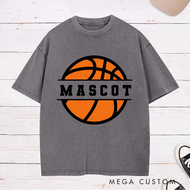 Personalized Washed T-Shirt Design Featuring Bold Basketball Graphic with Customizable Team Name in Center Band