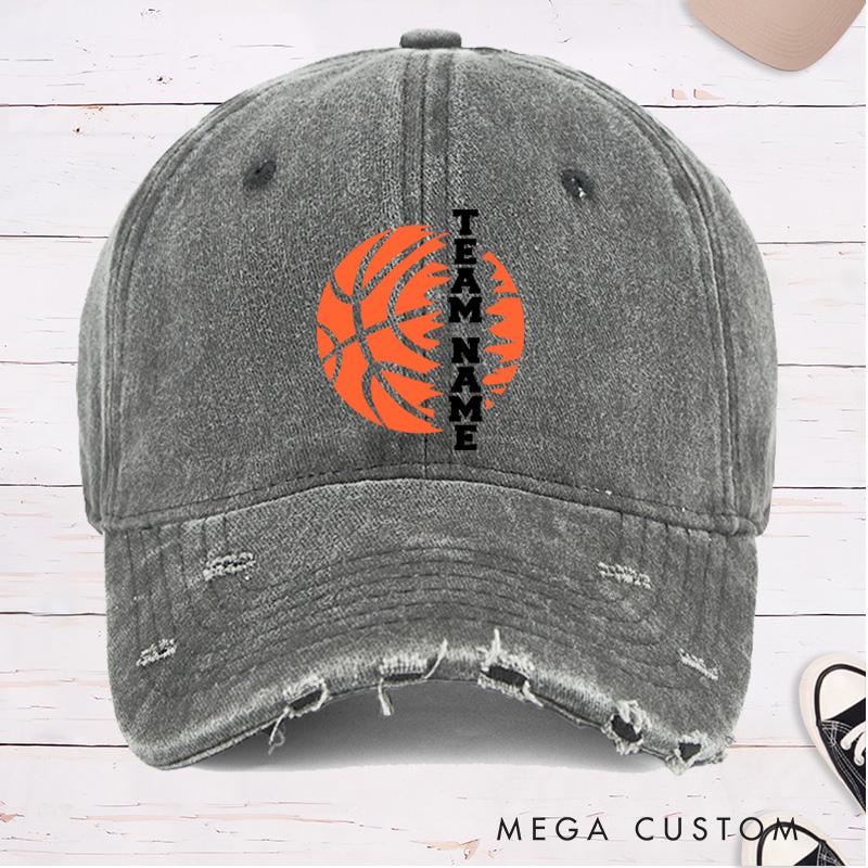 Personalized Distressed Denim Basketball Cap with Vertical Custom Team Name Design