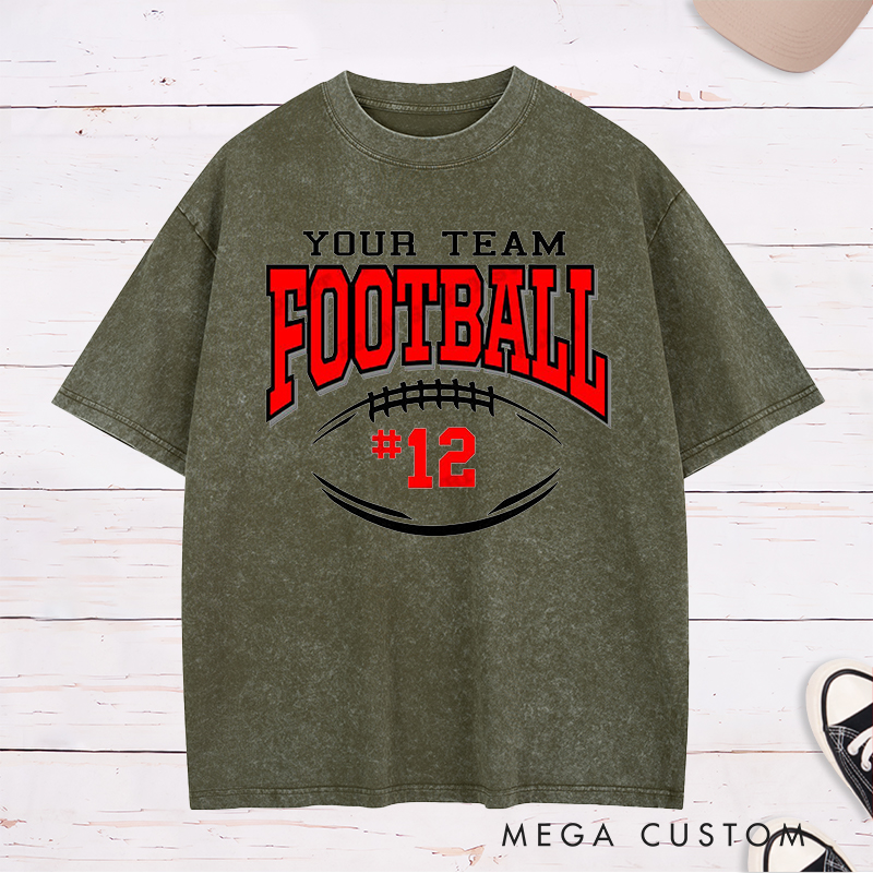 Personalized American Football Washed T-Shirts Featuring Custom Team Name and Number on the Front
