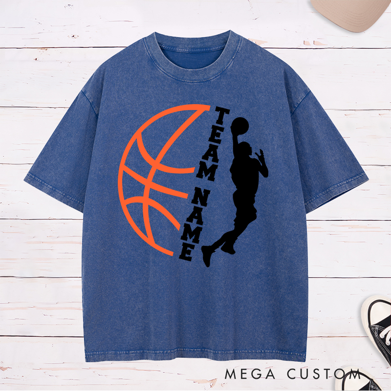 Personalized Washed T-Shirt Design Featuring Custom Team Name with Dynamic Dunking Player Silhouette and Bold Basketball Graphic